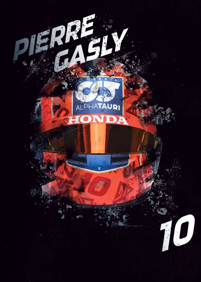 Poster Formel 1 Helme von justgoodmood mit Pierre Gasly's beeindruckendem Helmdesign und der Fahrernummer 10, eine tolle Ergänzung für jede Wand!