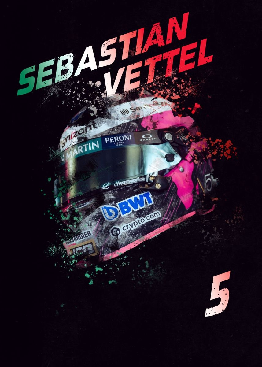 Beeindruckender Deko Print eines Formel 1 Helms mit Fahrernummer 5. Stilvolles Poster von justgoodmood, ideal für jeden Rennsport-Enthusiasten.