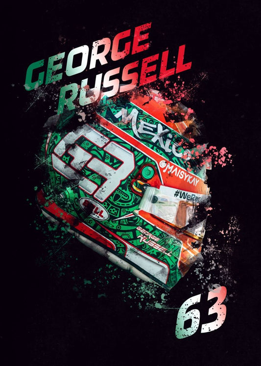 Detailiertes Formel 1 Poster von George Russell mit seinem einzigartigen Helmdesign und Fahrernummer 63. Perfekte Wanddekoration für F1-Enthusiasten, erhältlich bei justgoodmood.