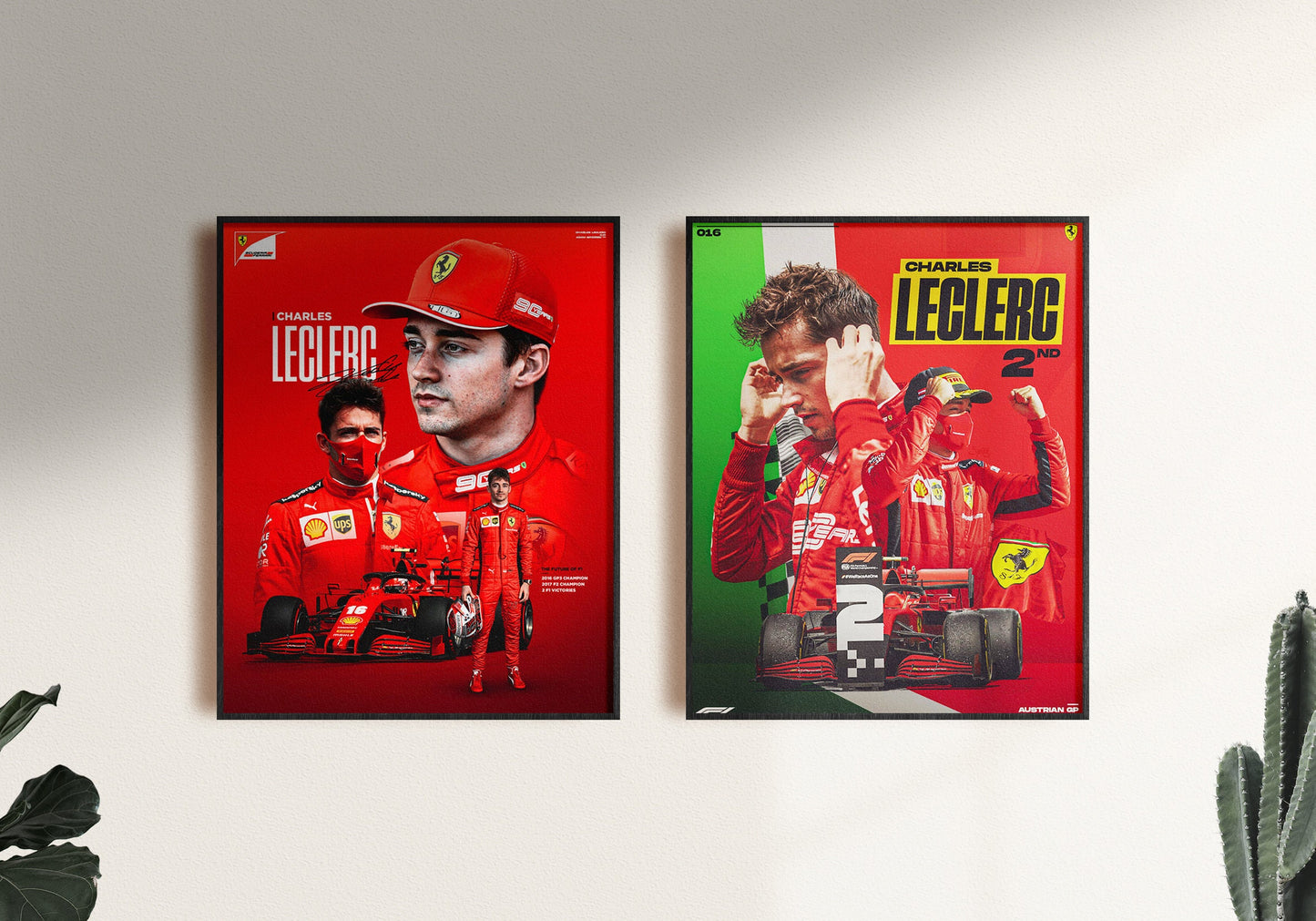 Farbenfrohes Poster von Formel 1 Rennfahrer Charles Leclerc, präsentiert von justgoodmood. Der lebendige Druck zeigt Leclerc in seinem Ferrari Rennanzug, ideal für Motorsport-Fans. Poster Formel 1 Rennfahrer Rennwagen I Deko Print ohne Rahmen.