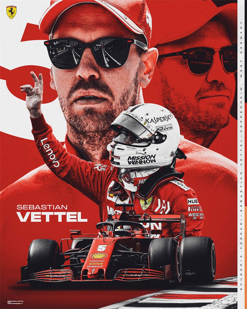 Plakat von Sebastian Vettel mit Ferrari Rennwagen, eine stilvolle Deko von justgoodmood, ideal für Motorsportfans. Formel 1 Rennfahrer und Rennwagen Poster.