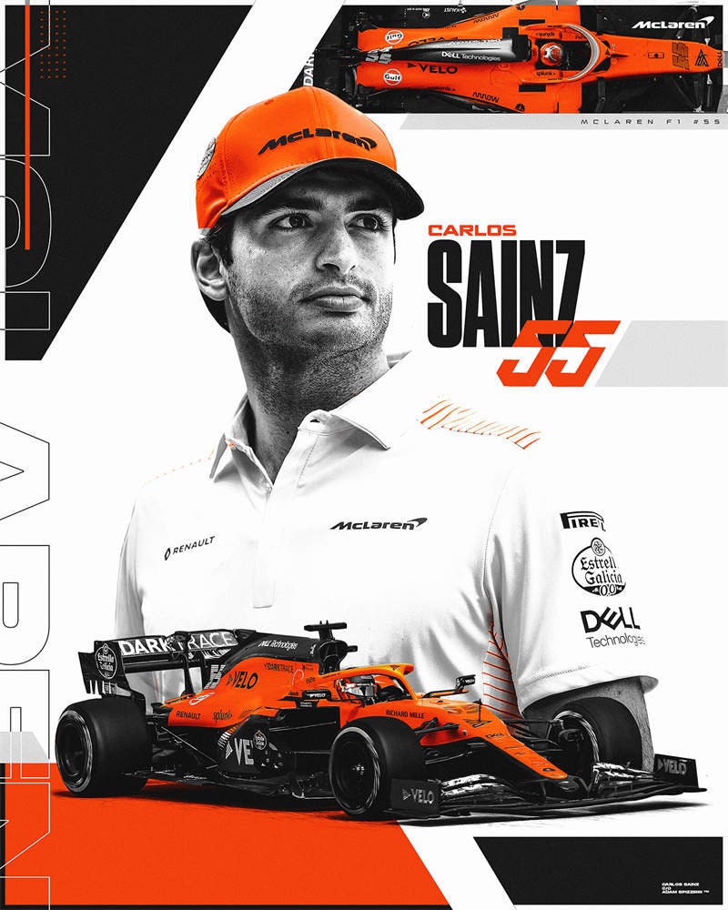 Buntes Poster von Formel 1 Rennfahrer Carlos Sainz mit McLaren Rennwagen, ideal für Motorsportliebhaber. Von justgoodmood - Formel 1 Rennfahrer Rennwagen I Deko Print ohne Rahmen.