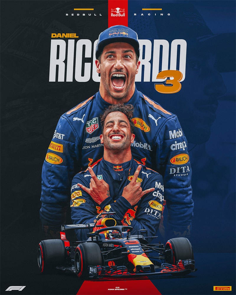 Farbenfrohes Poster von Formel 1 Rennfahrer Daniel Ricciardo mit Rennwagen, ideal für Motorsport-Fans von justgoodmood. Deko Print ohne Rahmen.