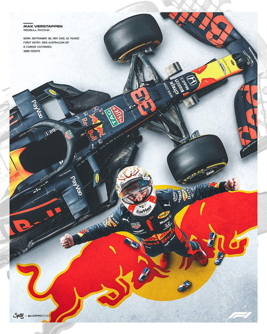 Hochwertiges Formel 1 Poster von justgoodmood, Featuring Max Verstappen in einem aufregenden Moment mit seinem Rennwagen auf einer farbenfrohen Red Bull Grafik, perfekt für Fans und ein tolles Geschenk.