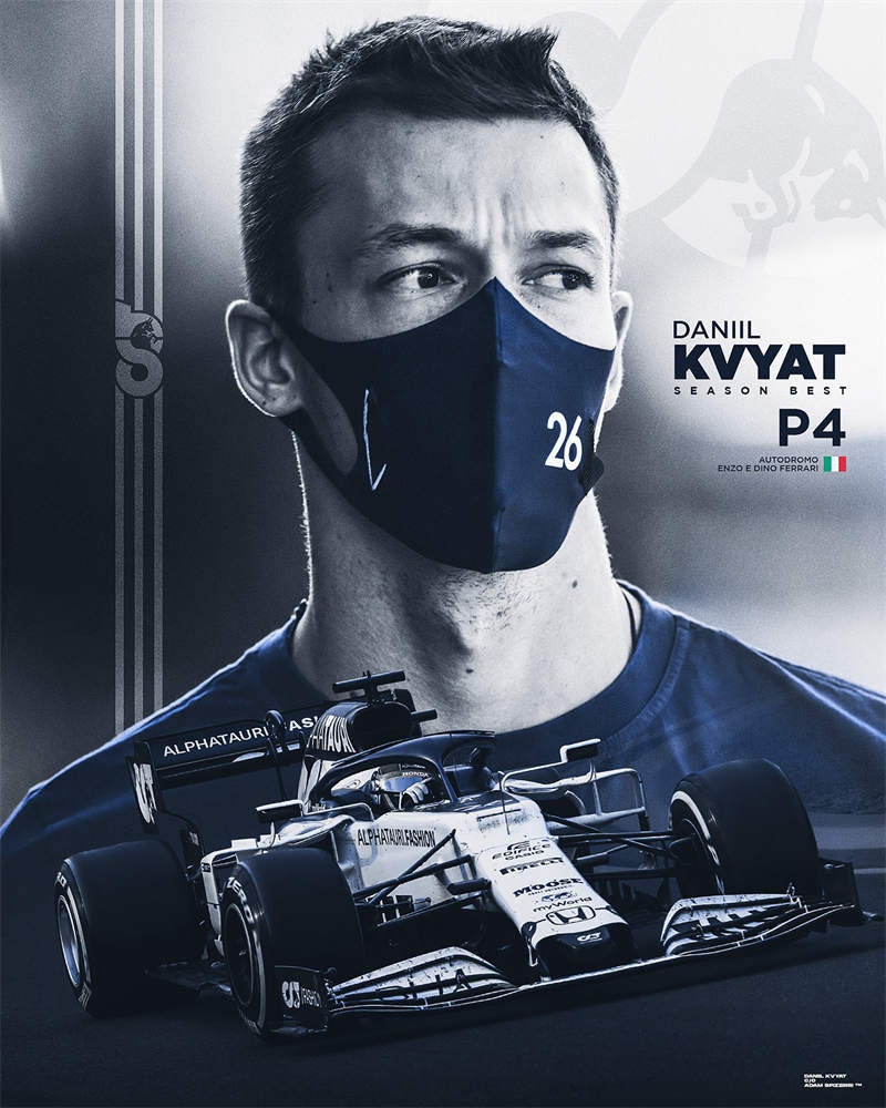 Starkes Portrait von Daniil Kvyat, dem Formel 1 Fahrer, kombiniert mit seinem Rennwagen, perfektes Deko Print von justgoodmood.
