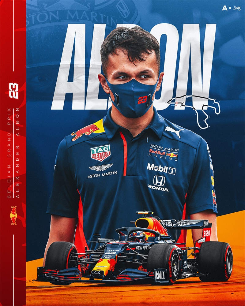 Aufregendes Poster von Formel 1 Rennfahrer Alexander Albon in Teamkleidung von Aston Martin, Teil der Deko-Kollektion von justgoodmood - eine Hommage an den Motorsport.
