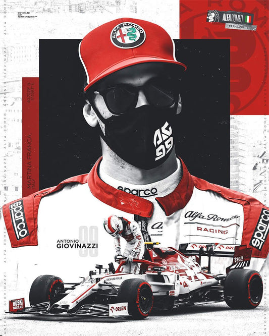 Stilvolles Poster von Antonio Giovinazzi in seinem Alfa Romeo Rennanzug, verfügbar bei justgoodmood. Perfekt für Rennsportbegeisterte, um die Leidenschaft für Geschwindigkeit auszudrücken.