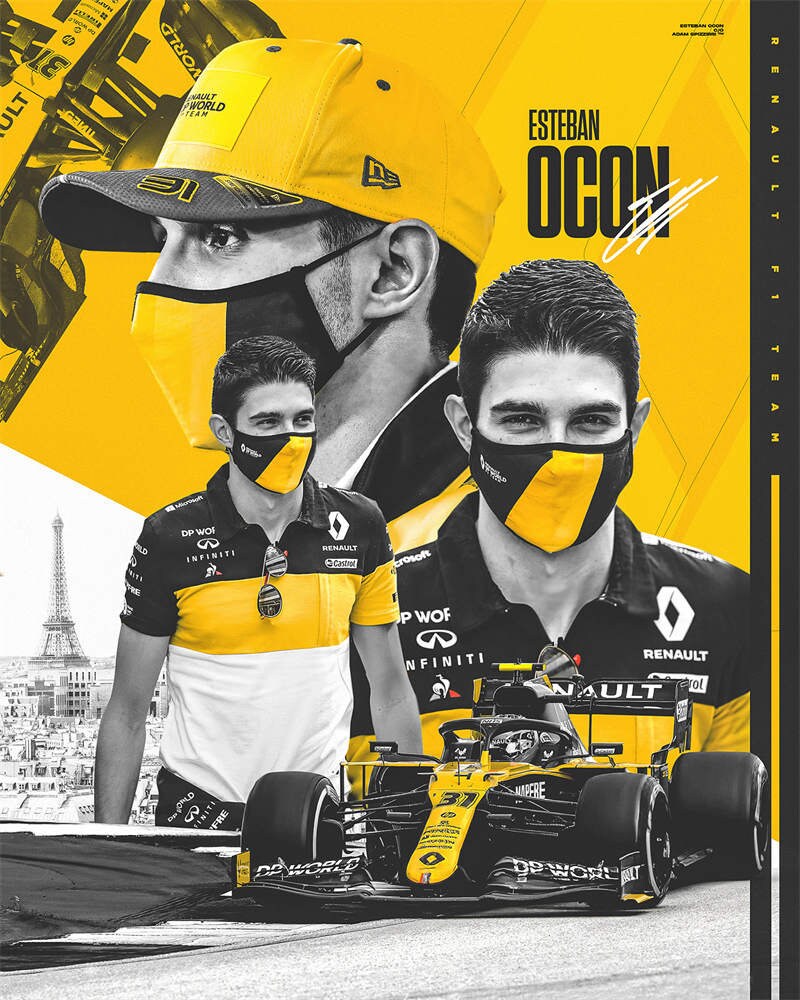Begeisterndes Formel 1 Poster von Esteban Ocon in Rennfahrer-Outfit mit Rennwagen, angeboten von justgoodmood - Formel 1 Rennfahrer Rennwagen I Deko Print ohne Rahmen.