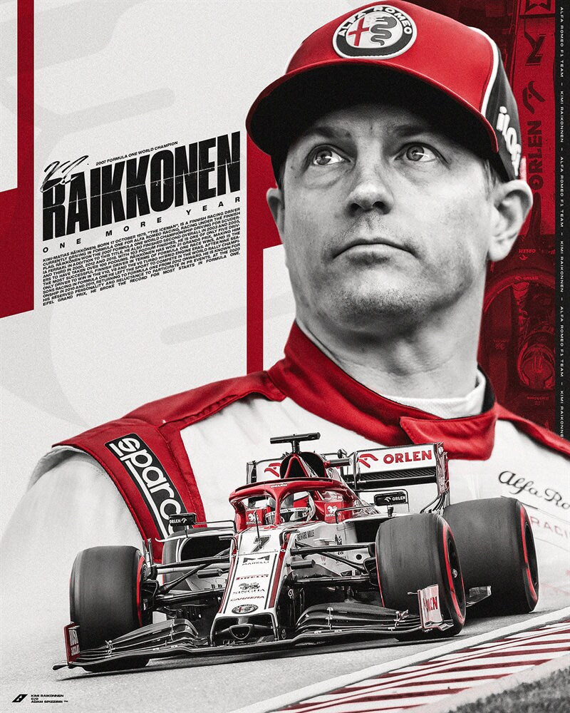 Beeindruckendes Poster des Formel 1 Fahrers Kimi Räikkönen, angeboten von justgoodmood. Ein hervorragendes Deko-Element für jeden Raum, das die Faszination des Motorsports feiert.