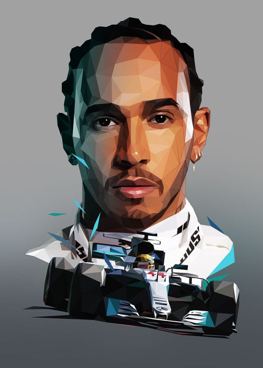 Buntes Polygon-Porträt des Formel 1 Fahrers Lewis Hamilton mit Rennwagen, ideal für Motorsport-Fans! Poster Formel 1 Rennfahrer Rennwagen Lewis Hamilton I Deko Print ohne Rahmen von justgoodmood.