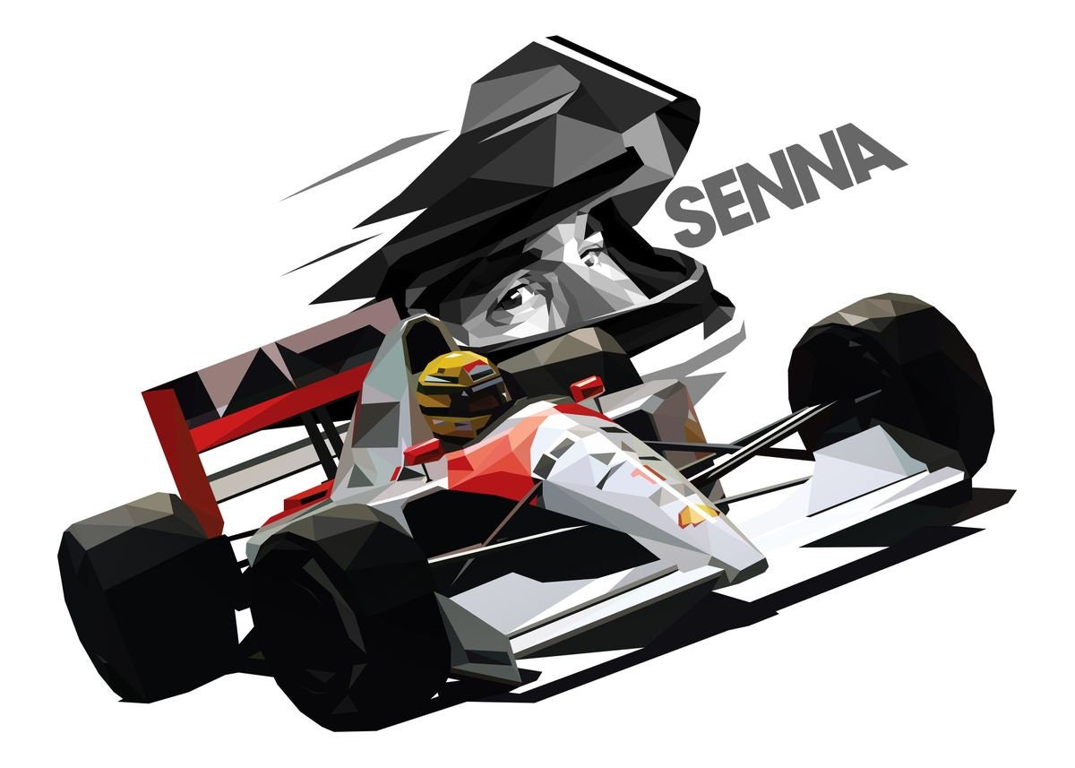 Dynamisches Poster von Ayrton Senna im Rennwagen mit dem Motto „No Fear. No Limits. No Equal“ von justgoodmood. Ein tolles Geschenk für Rennsportbegeisterte!