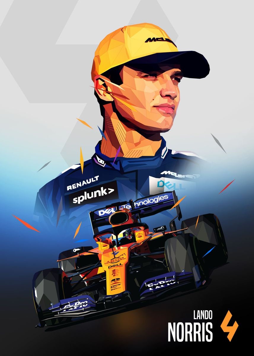 Kreatives Deko-Print von Lando Norris, einem aktuellen Formel 1 Superstar, in leuchtenden Farben von justgoodmood. Perfekt für die Wanddekoration eines jeden Motorsportfans!