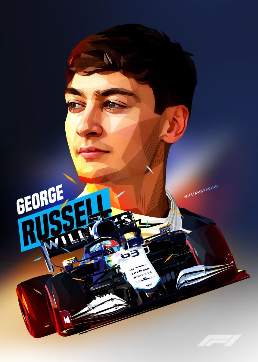 Faszinierendes digitales Poster von George Russell in seinem Williams-Rennanzug, begleitet von seinem charakteristischen Rennwagen. Perfekt für die Wandgestaltung und ein tolles Geschenk für Formel 1-Interessierte. Von justgoodmood.