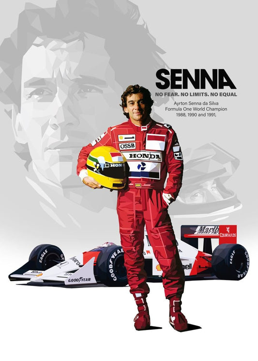 Ein faszinierendes Deko-Print von Ayrton Senna mit seinem Rennwagen und dem Motto „No Fear. No Limits. No Equal“ von justgoodmood. Ein Muss für Motorsportliebhaber!