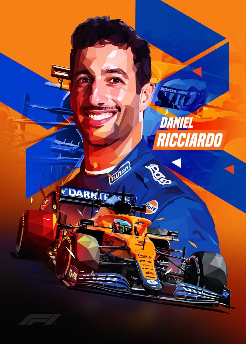 Lebhaftes Poster von Daniel Ricciardo, zeigt den beliebten Formel 1 Fahrer in lächelnder Pose neben seinem McLaren-Fahrzeug. Ein kreatives Kunstwerk für jedes Zuhause oder Büro. Von justgoodmood.