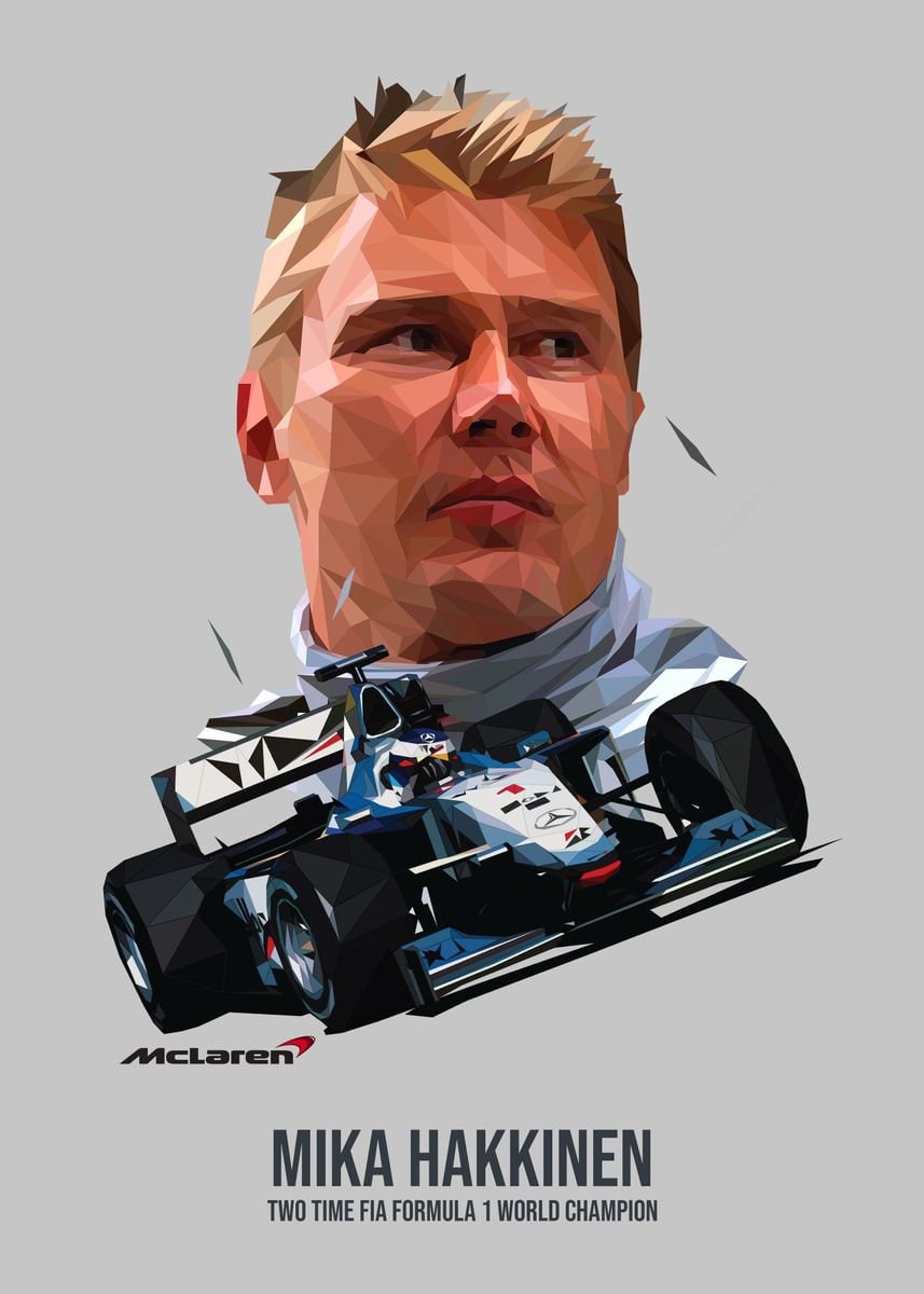 Künstlerisches und modernes Poster von Mika Häkkinen, der eindrucksvoll in seinem Rennanzug mit Rennwagen zu sehen ist. Dieses tolle Kunstwerk von justgoodmood ist ideal für Motorsport-Fans. Poster Formel 1 Rennfahrer Rennwagen Michael Schumacher Legende Champion I Deko Print ohne Rahmen.