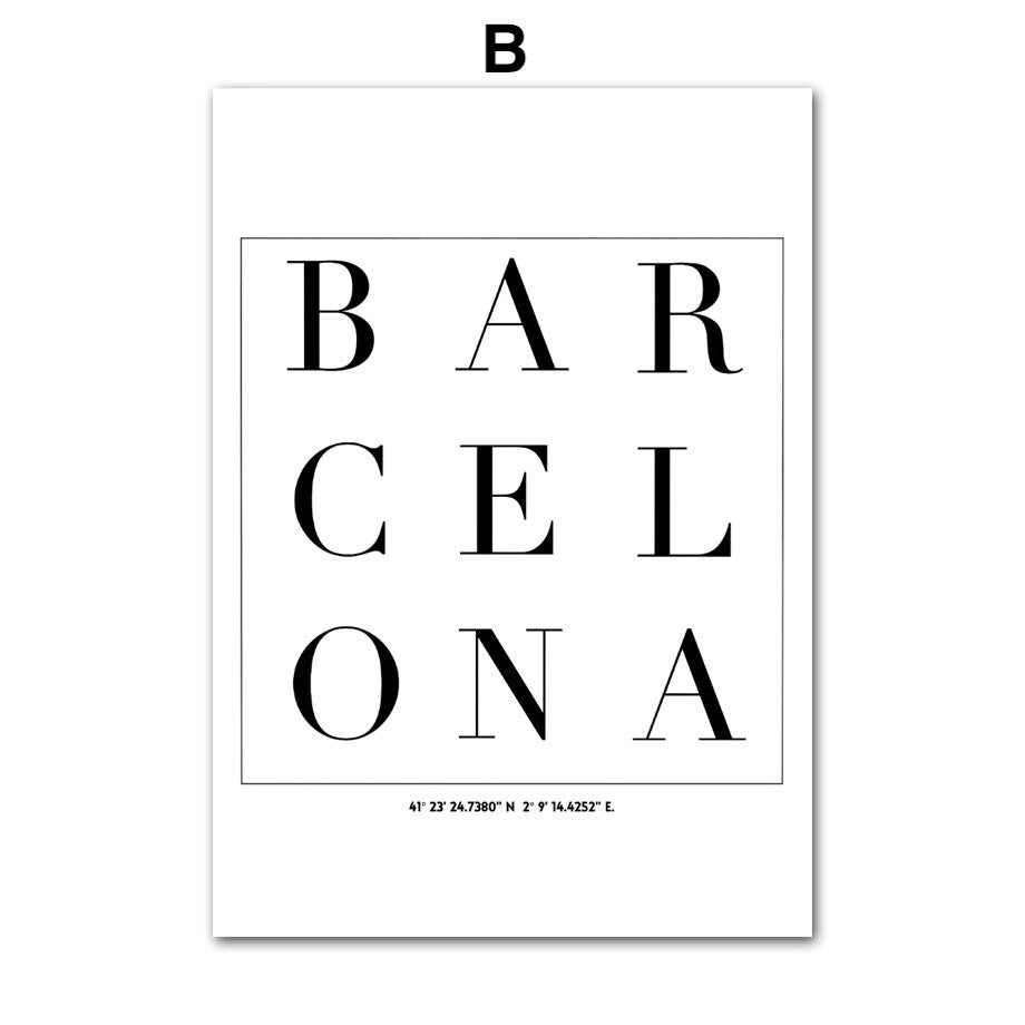 Elegantes Kunstwerk mit dem Schriftzug 'BARCELONA' in Schwarz-Weiß, erhältlich bei justgoodmood. Ideal als Deko für jedes moderne Zuhause.