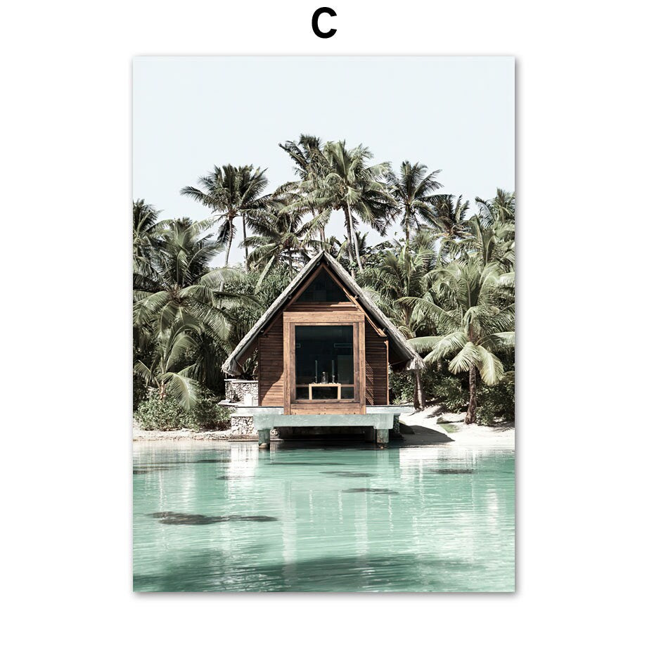 Tropisches Bungalow mit Palmen, direkt am Wasser – Poster Meer Blätter Überwasser Bungalow Strandschaukel von justgoodmood, perfekt für eine tropische Note in Ihrem Zuhause.