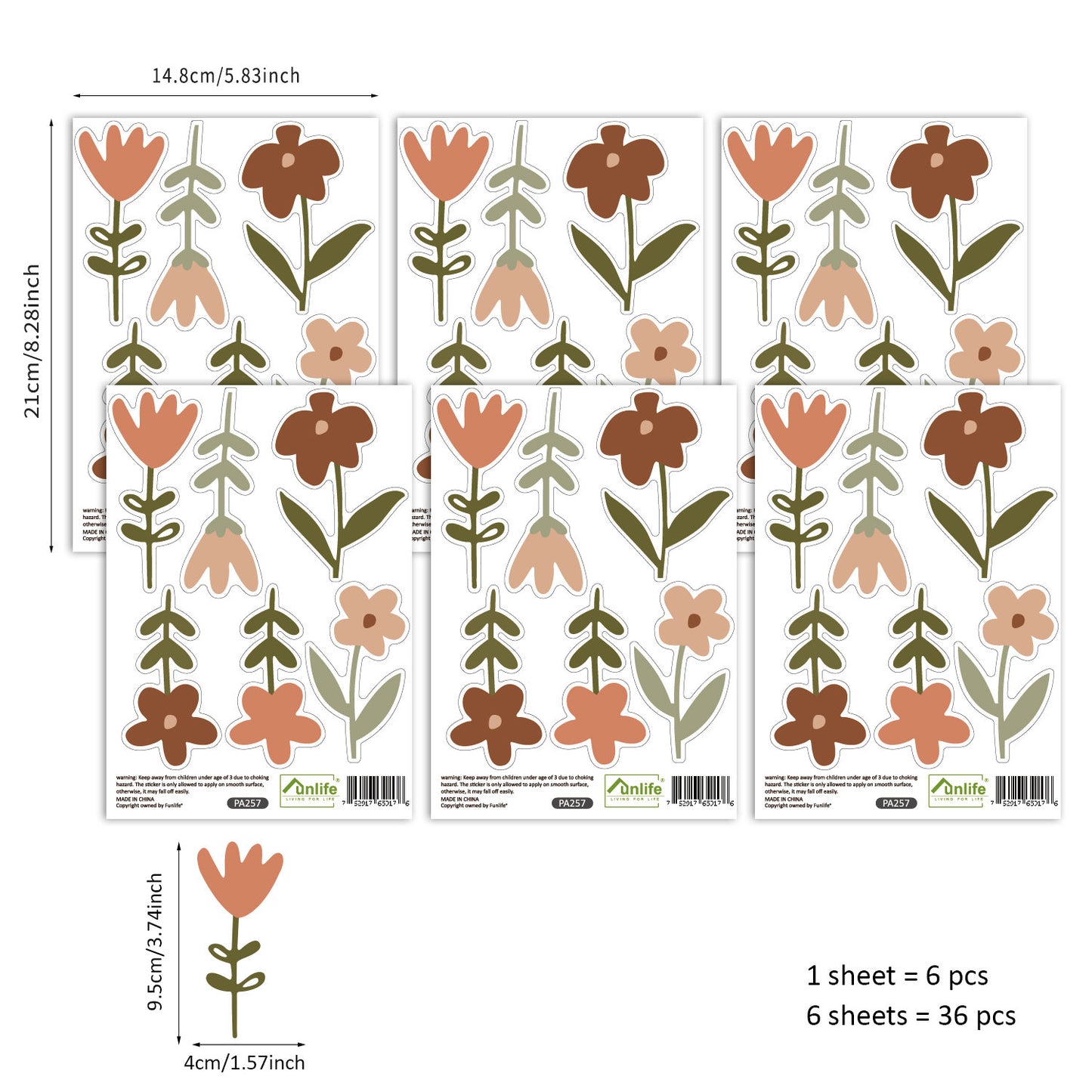 Bunte Wandstickers für das Kinderzimmer, Babyzimmer oder Spielzimmer im Boho Stil von justgoodmood. Dieser Sticker Set enthält 6 Blätter mit blühenden Blumen und Blattmotiven, ideal zur Verschönerung des Zimmers Ihrer Kleinen.