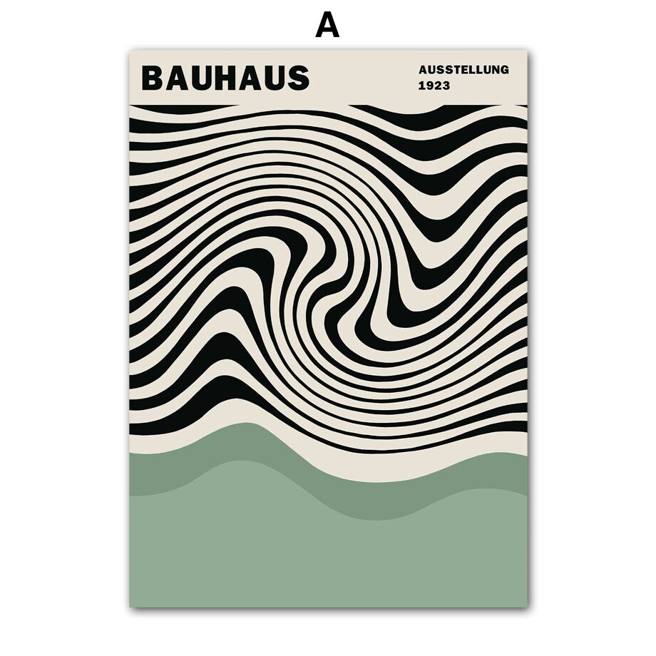 Poster Bauhaus Wandkunst Vintage Grün von justgoodmood - Ein grafisches Design mit wellenförmigen Linien und sanften Grüntönen für eine kreative Wohnraumgestaltung.
