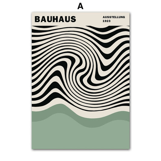 Poster Bauhaus Wandkunst Vintage Grün von justgoodmood - Ein grafisches Design mit wellenförmigen Linien und sanften Grüntönen für eine kreative Wohnraumgestaltung.