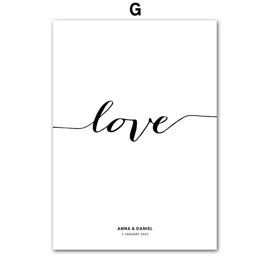 Personalisierter Kunst Print "love" von justgoodmood, ideal für Hochzeitszimmer oder romantische Wohnräume. Mit Namen und Datum des Paares für eine einzigartige Wanddekoration.