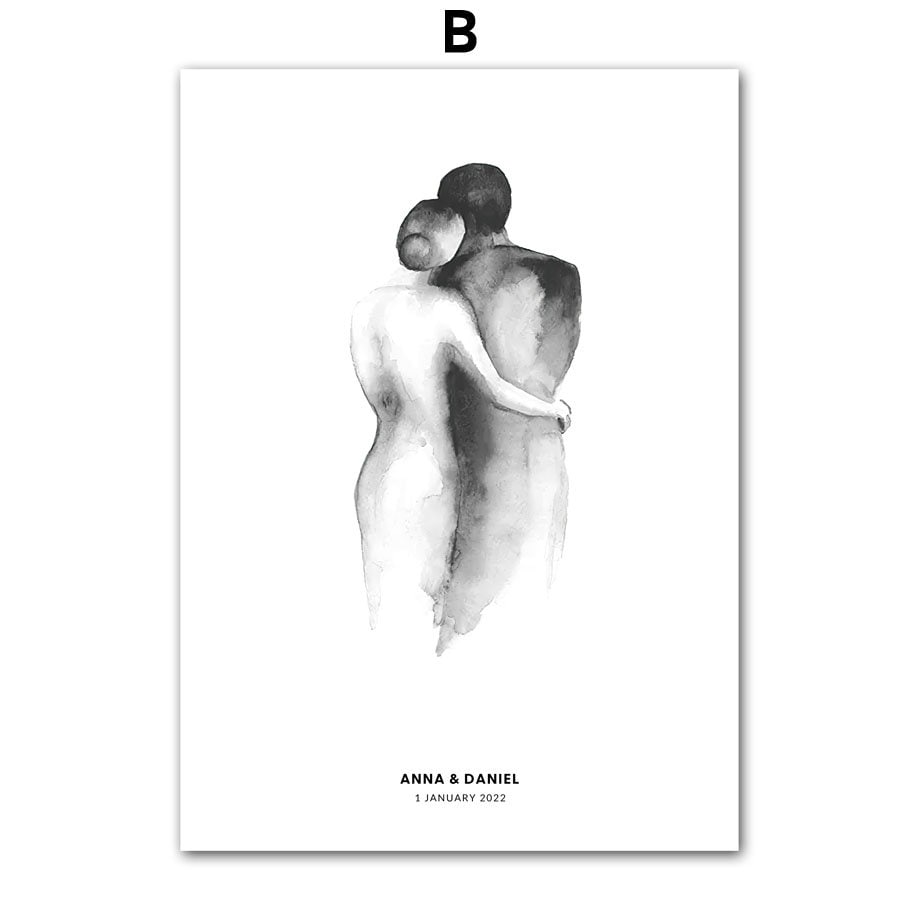 Künstlerisches Poster von justgoodmood, das ein Liebespaar in einer Umarmung zeigt. Personalisierbar mit Namen und Datum für eine besondere Hochzeitsdekoration.