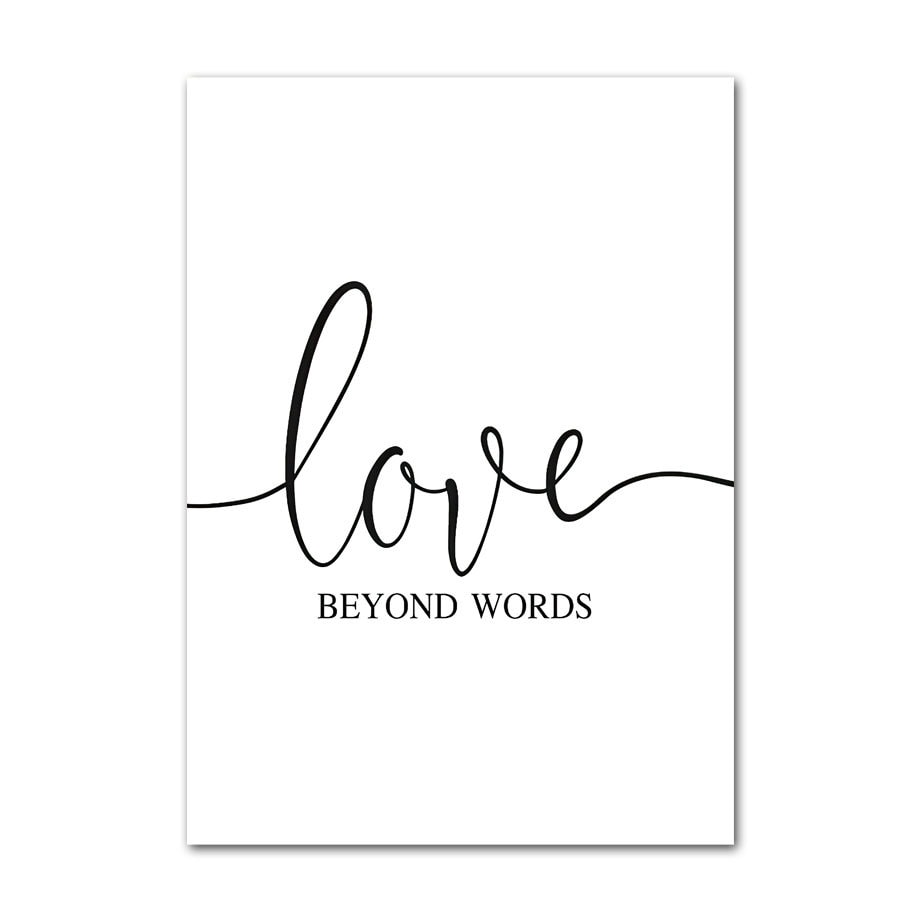 Kreative Schriftzug-Kunst 'love beyond words' auf weißem Hintergrund – Ein romantisches Poster von justgoodmood, Poster Surfbrett Strand Buggy Palmen Meer.