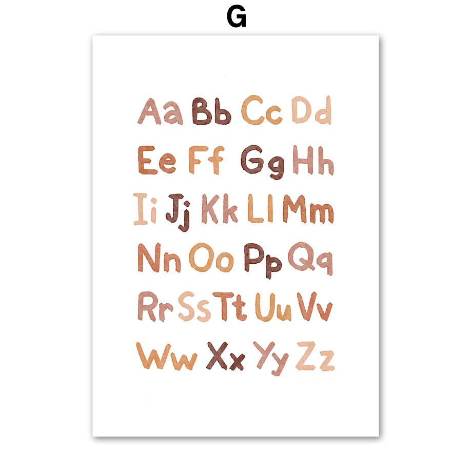 Boho Sunshine Beige Poster von justgoodmood. Ein alphabetisches Poster in sanften Farbtönen, das die Buchstaben A bis Z kreativ darstellt und eine spielerische Atmosphäre im Kinderzimmer schafft.