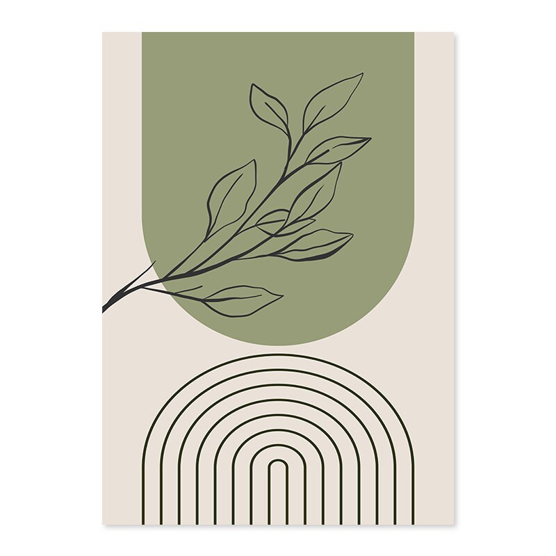 Ein Kunstdruck mit einem eleganten Boho-Muster und Blättern in sanften Grüntönen, ideal für kreative Raumgestaltung. Kunstdruck von justgoodmood, Poster Blätter Boho Geometrische Formen Grün.