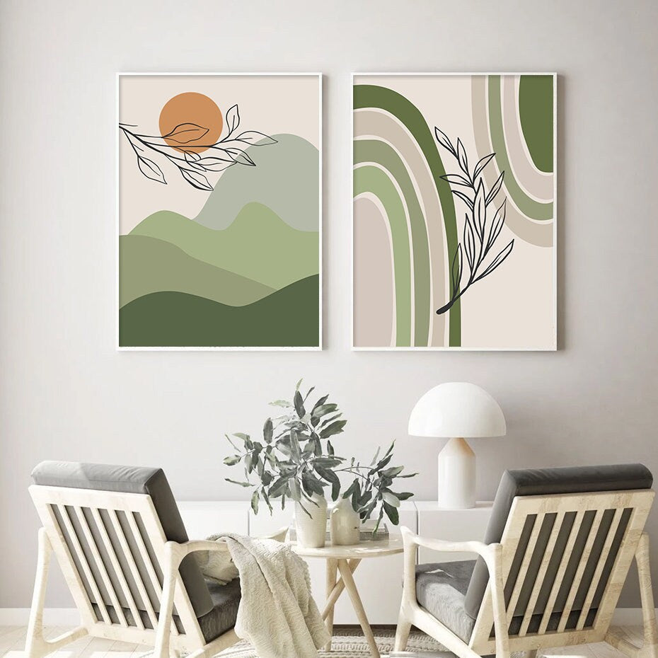 Zwei Boho Poster mit geometrischen Formen in sanften Grüntönen, ideal für die Wandgestaltung im Wohnzimmer oder Schlafzimmer. Deko Print von justgoodmood, Poster Blätter Boho Geometrische Formen Grün.