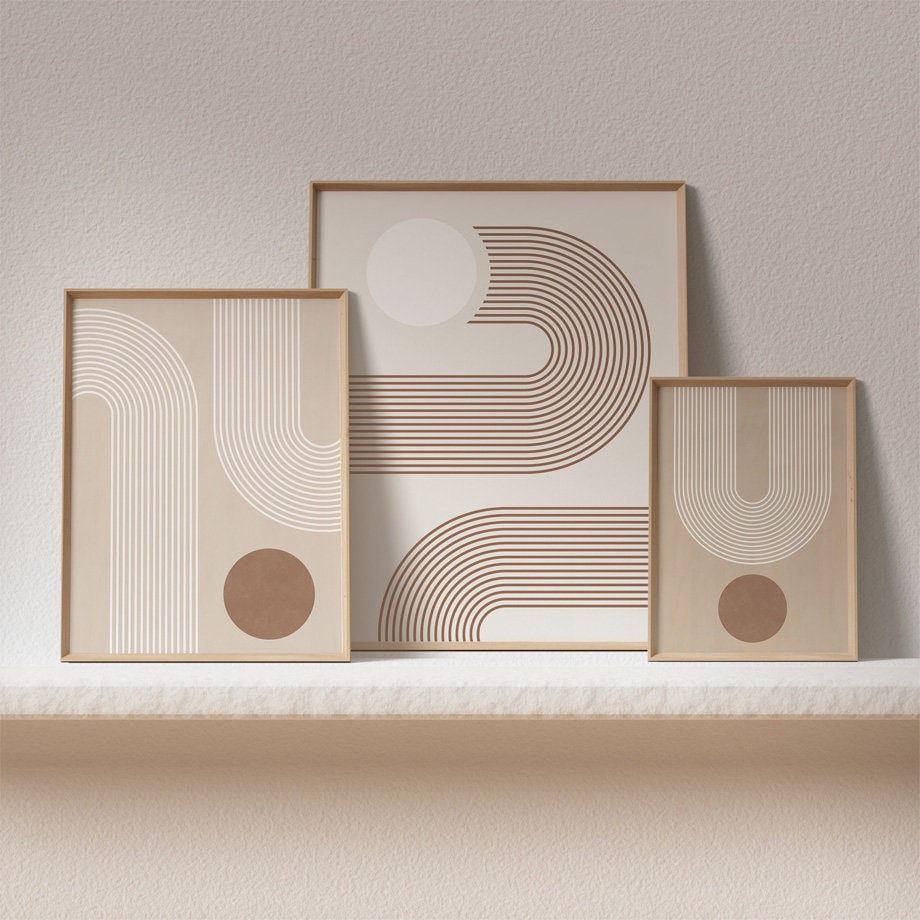 Poster Boho Abtrakt Bogen Linien Beige Braun | Bilder Wohnzimmer | Wandbilder Schlafzimmer | Deko Print ohne Rahmen | Bilder Set Kunstdruck