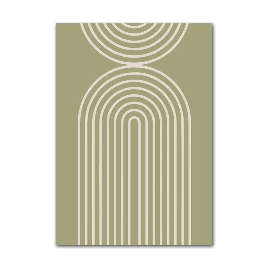 Eleganter Boho Poster Abstrakt Berggrün von justgoodmood, ausgestattet mit geschwungenen Linien und Bögen in harmonischen Farben, perfekt zur Raumgestaltung.