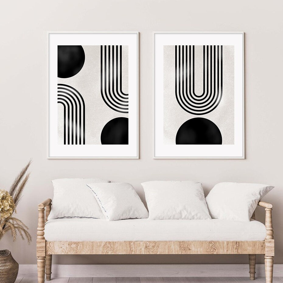 Elegantes Duo von Wandbildern mit Boho Abstrakt Geometrischen Formen, die perfekt für das Schlafzimmer von justgoodmood geeignet sind. Setzen Sie kreative Akzente mit diesen modernen Kunstwerken.