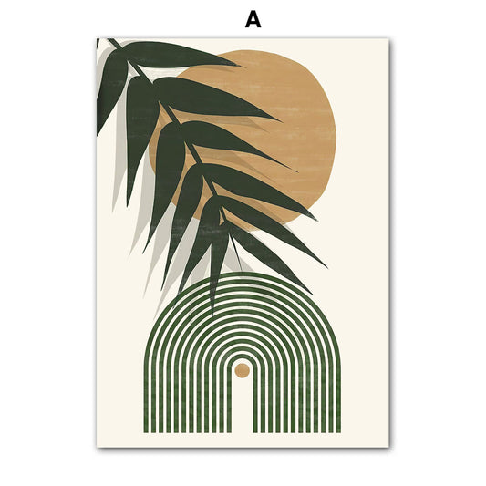 Stilvolles Poster mit Abstrakten Pflanzen-Elementen und einem goldenen Sonnenmotiv. Ideal für eine kreative Wandgestaltung von justgoodmood.