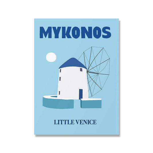 Poster Mykonos mit einer charmanten Windmühle und blauem Himmel. Ideal für Wanddekoration, von justgoodmood, Titel: Poster Städte Reise Urlaub I Mykonos.