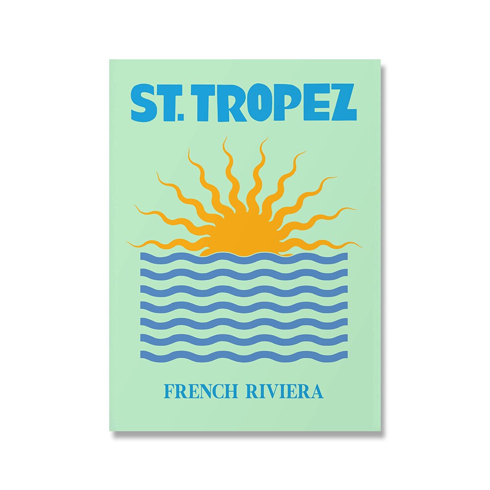 Stilvolles Poster von justgoodmood mit dem Titel 'St. Tropez - French Riviera', das die Sonnenstrahlen über Wellen darstellt, perfekt für Wohnräume und Reisefans.