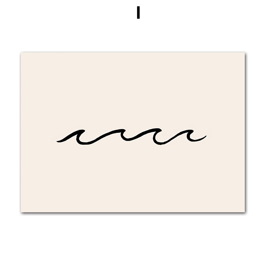 Minimalistisches Wanddesign mit Wellenlinien - fröhliche Ausstrahlung von justgoodmood, Teil des Posters 'Strand Wellen Meer Palmen Delfin Sonnenbrille Hut'.