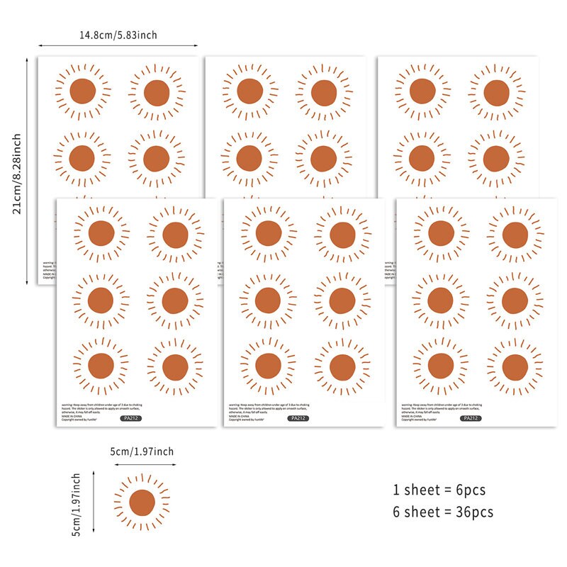 Set von 36 Wandstickern im Boho Stil von justgoodmood, übersichtlich angeordnet auf Blättern, perfekt für kreative Kinderzimmer-Dekoration.