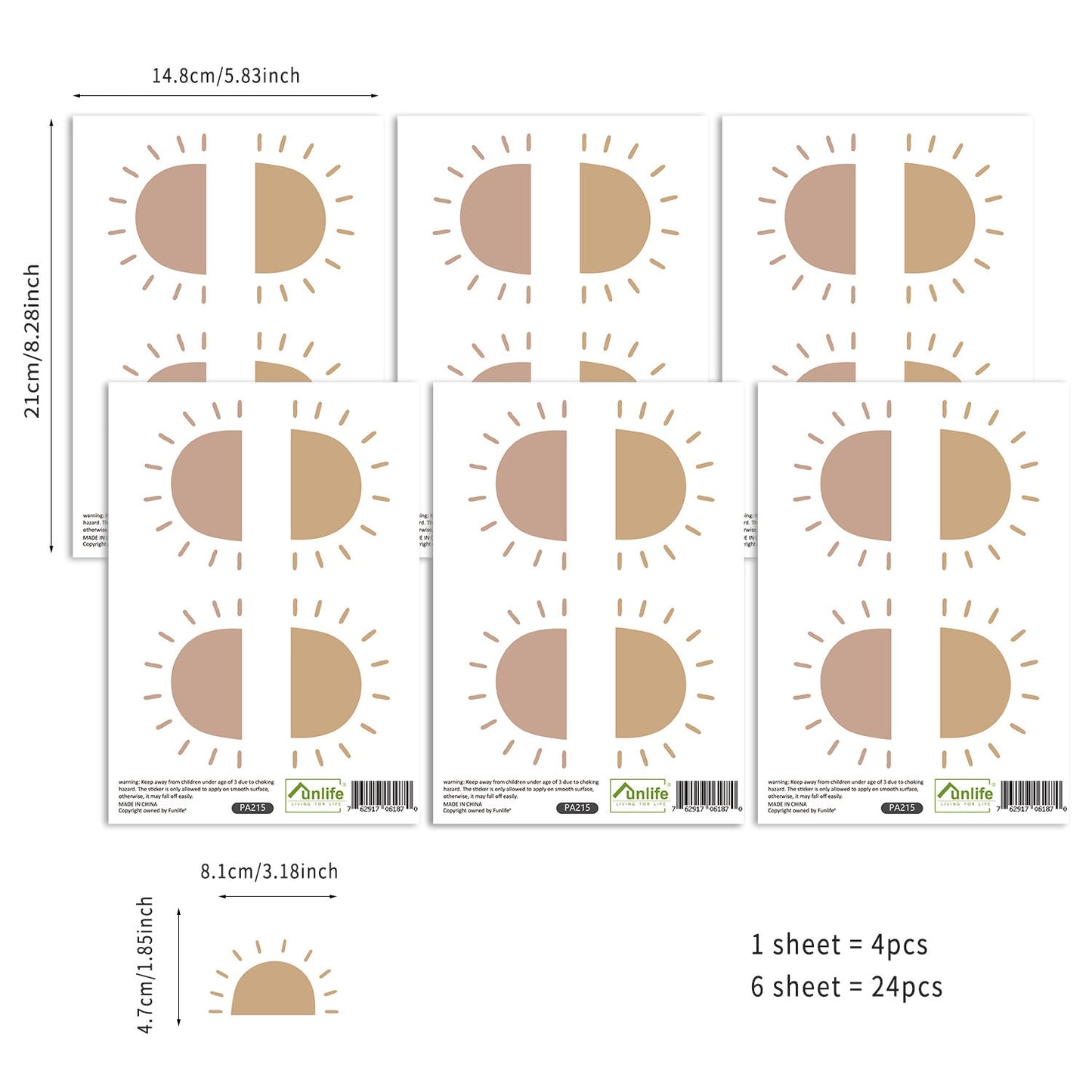 Sticker Set Boho Stil Sonne von justgoodmood, zeigt 24 Stück Aufkleber auf Blättern, perfekte kreative Dekoration für Kinderzimmer.