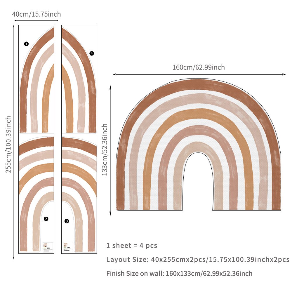 Großzügiger Boho Stil Regenbogen Wandaufkleber von justgoodmood, Maße 255cm x 160cm. Perfekte Wanddeko für fröhliche Kinderzimmer.