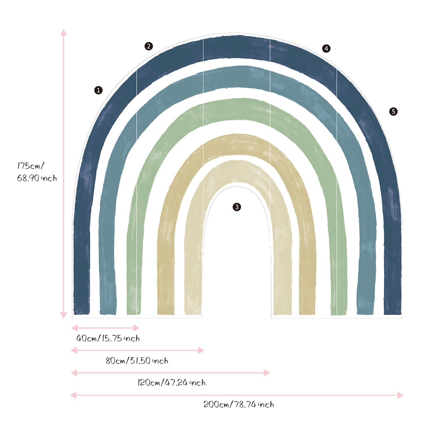 Farbenfroher Regenbogen Wandaufkleber für Kinderzimmer von justgoodmood. Ideal für kreative Wandgestaltung mit wasserdichten, selbstklebenden Designs. Maße und Anbringung leicht erklärt.