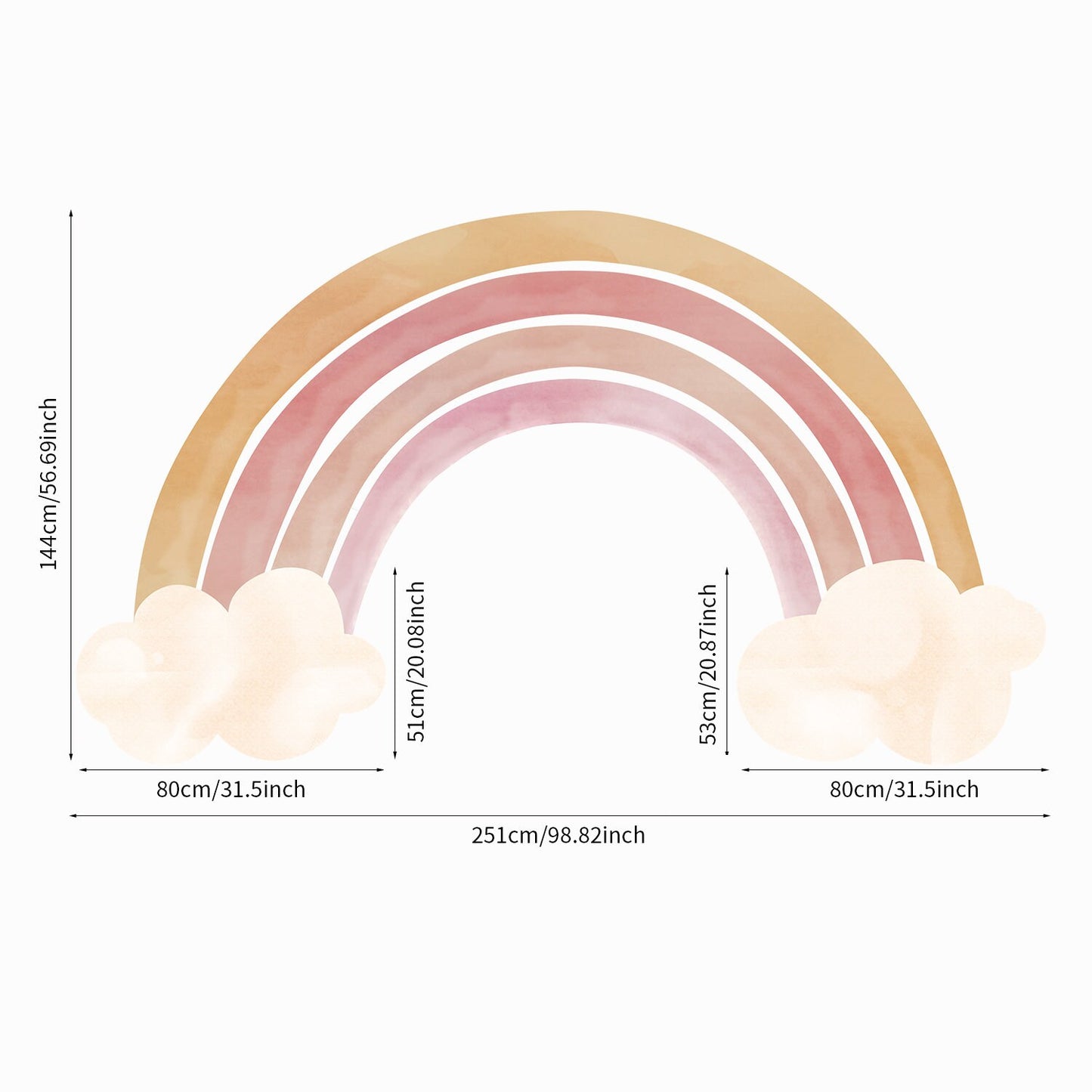 Detailaufnahme der Maße des Sticker Kinderzimmer Wandaufklebers Regenbogen Wolken von justgoodmood. Die bunten Regenbogen und Wolken sind perfekt für kreative Wandgestaltung im Babyzimmer.