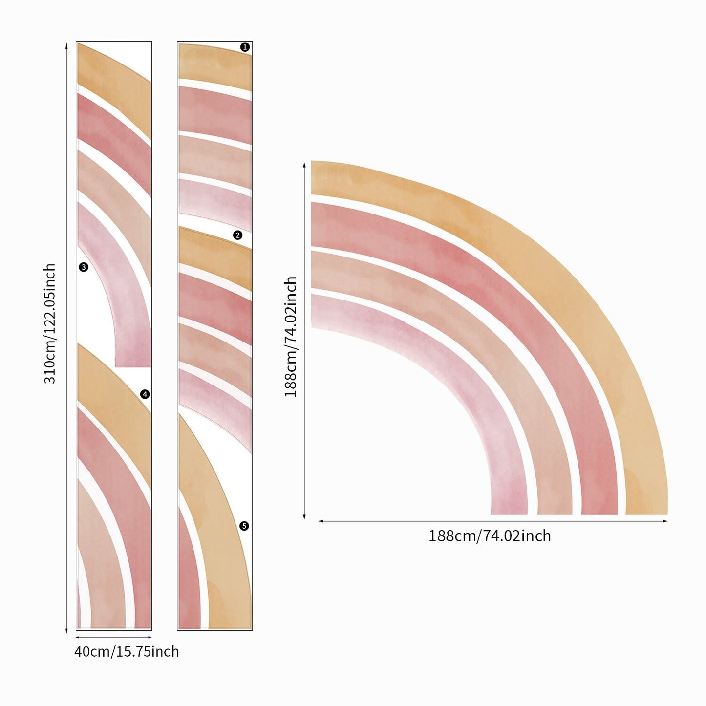 Größen und Details des Regenbogen Wandaufklebers von justgoodmood. Perfekte Lösung, um das Kinderzimmer lebendig und fantasievoll zu gestalten.