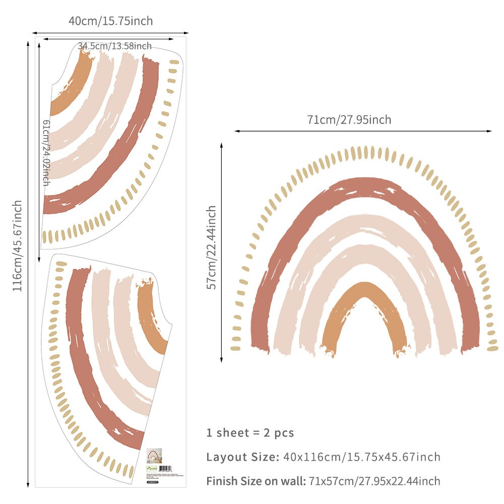 Maßzeichnungen des Boho Stil Wandaufklebers mit Regenbogen Motiven für Kinderzimmer von justgoodmood - ideal für kreative Raumgestaltung.