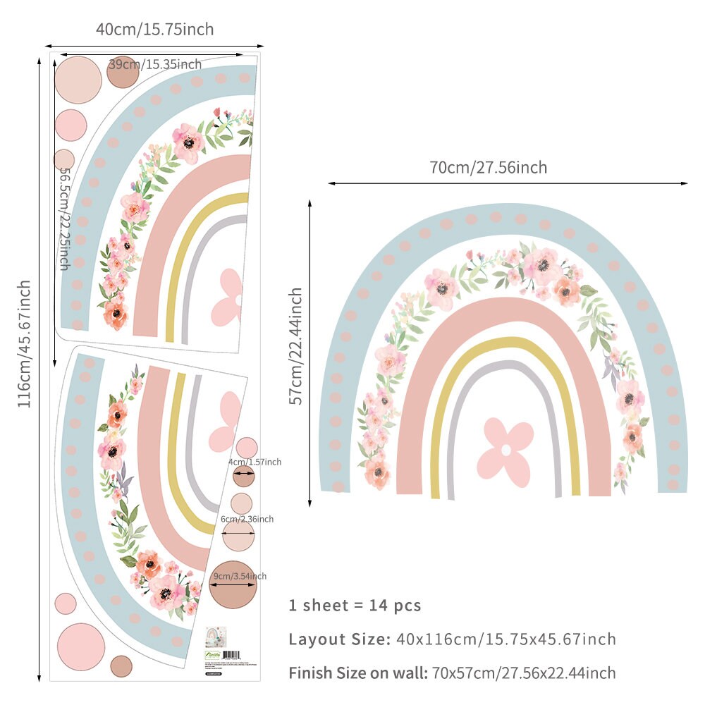 Produktbild der Kinderzimmer Wandaufkleber im Boho Stil mit Maßangaben. Sticker Set von justgoodmood, enthält Regenbogen- und Blumenmotive für die individuelle Wandgestaltung im Babyzimmer.