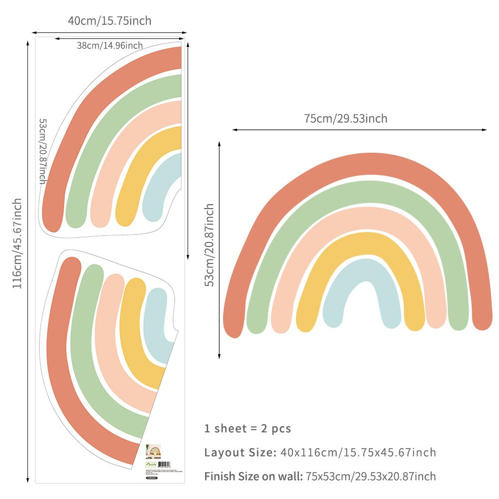 Messung der Regenbogen Wandtattoos von justgoodmood, ideal für die Gestaltung von Kinderzimmern mit vielfältigen Designs und kreativen Akzenten.