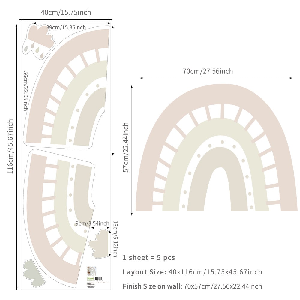 Sticker Set von justgoodmood, inklusive Maße für die Boho-Stil Wanddeko mit Regenbogen und Wolken, perfekt für kreative Kinderzimmer Ideen.