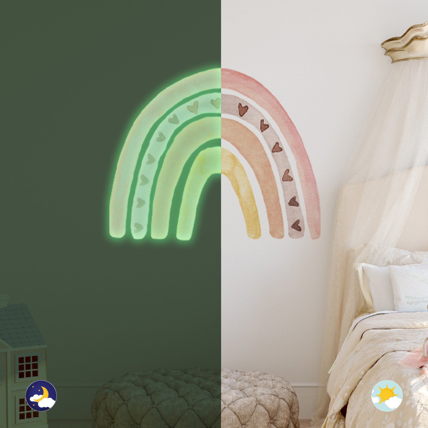 Leuchtender Regenbogen Wandaufkleber im Boho Stil für Kinderzimmer von justgoodmood - perfekte Wand Deko für Babyzimmer.