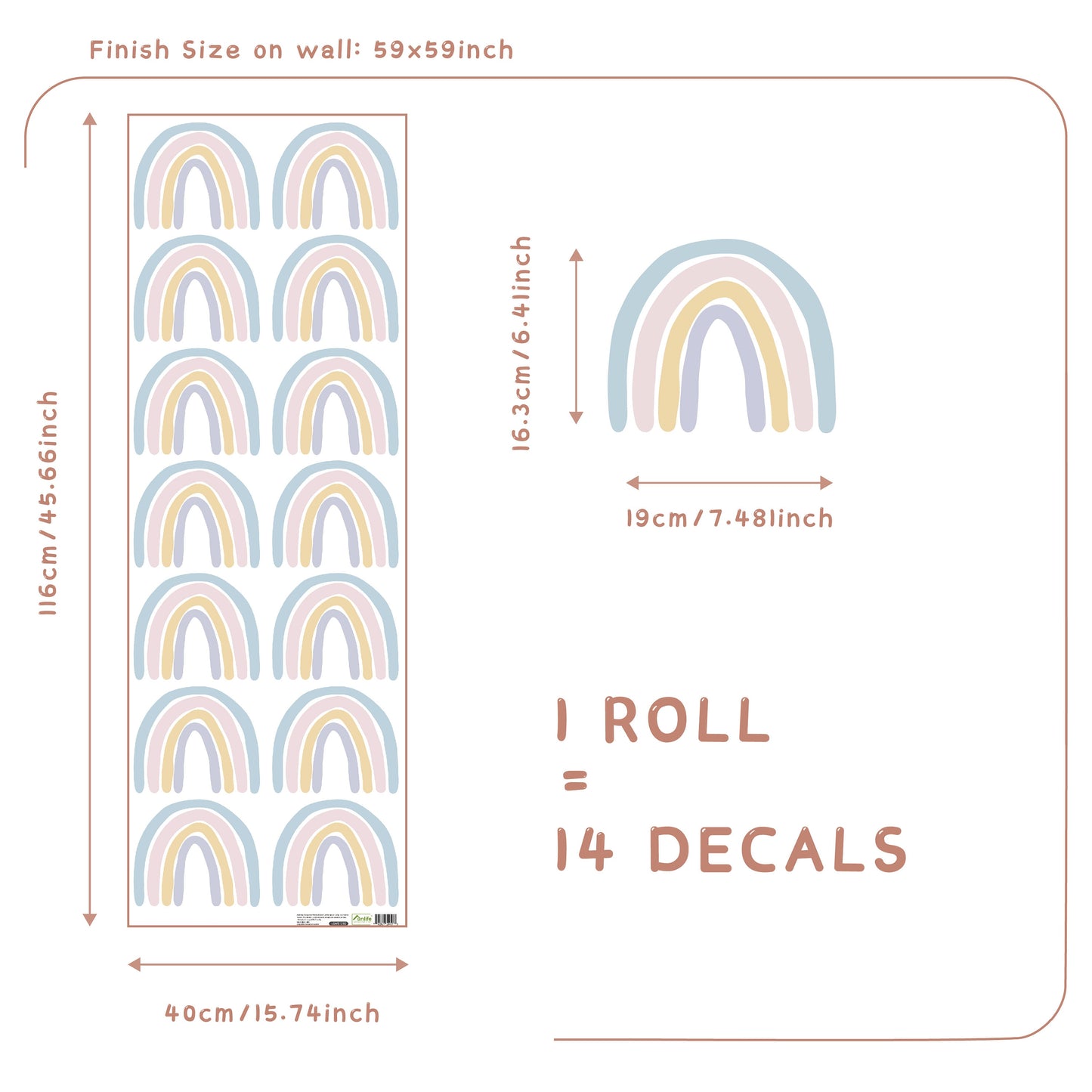 Produktmaße von justgoodmood: Boho Regenbogen Wandaufkleber Set mit Details zur Größe, ideal für die Verschönerung des Kinderzimmers.